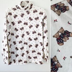 Vintage Corner Stone White Teddy Bear Print Cowlneck Top Women Size M Grannycore